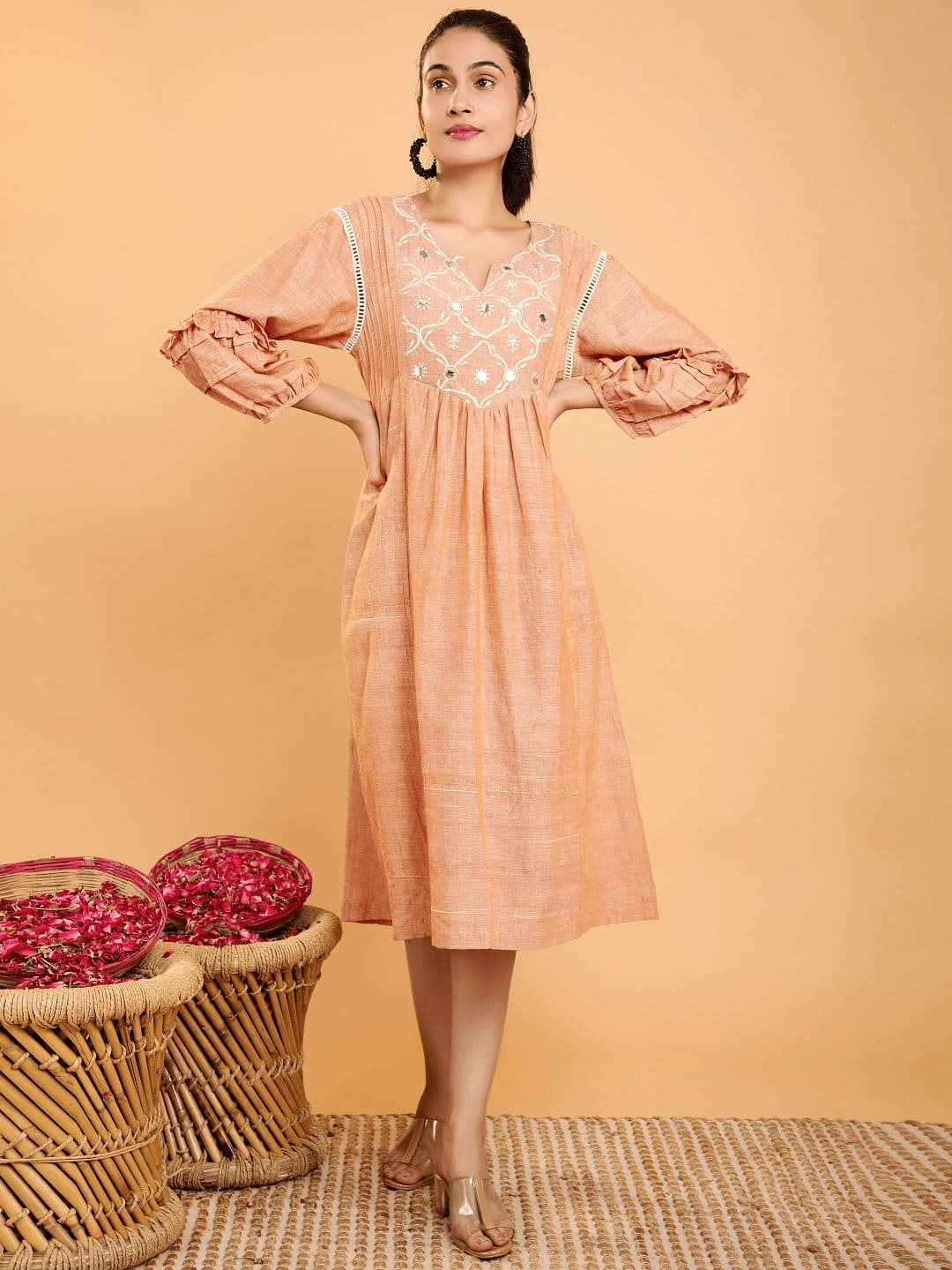 Beige Boho Chikankari Cotton Dress - Charkha TalesBeige Boho Chikankari Cotton Dress for women