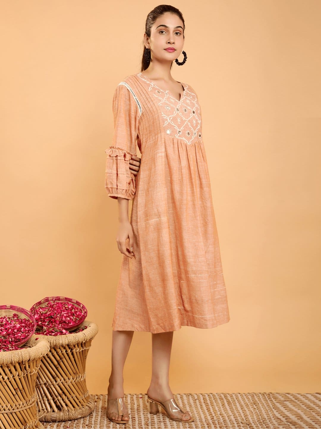 Beige Boho Chikankari Cotton Dress - Charkha TalesBeige Boho Chikankari Cotton Dress for women