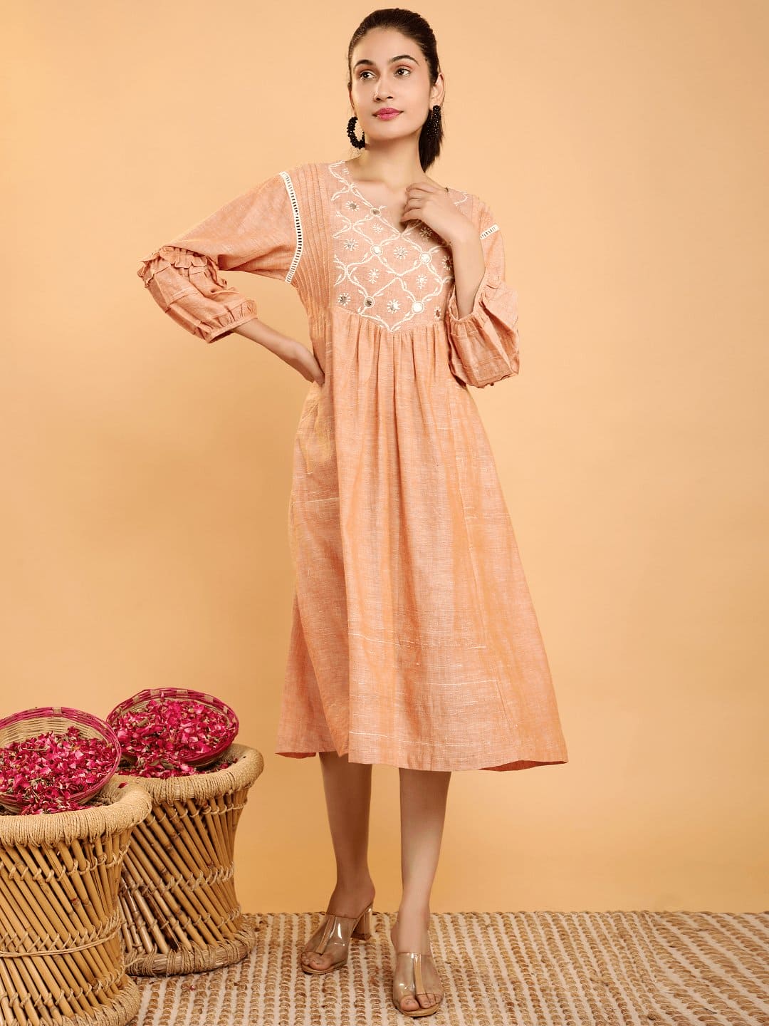 Beige Boho Chikankari Cotton Dress - Charkha TalesBeige Boho Chikankari Cotton Dress for women