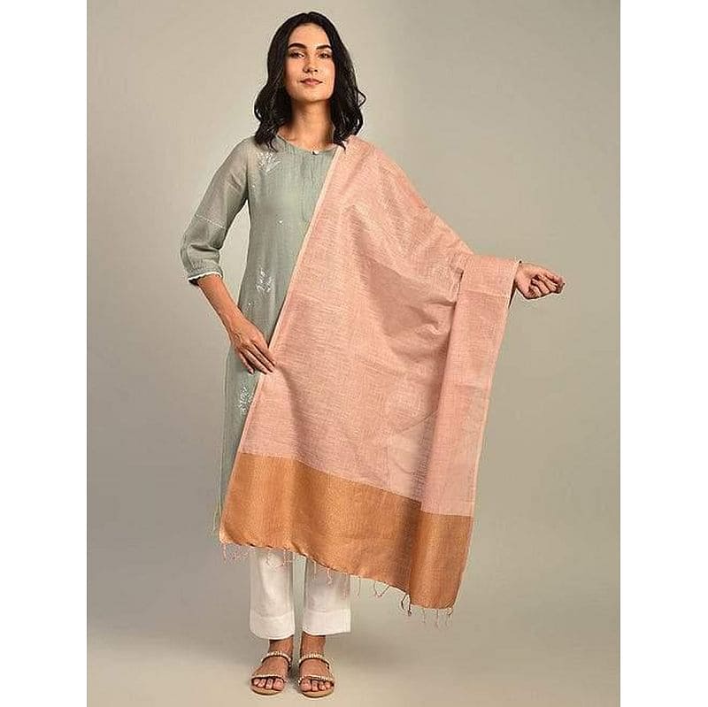 Beige Brown Linen Dupatta - Charkha TalesBeige Brown Linen Dupatta