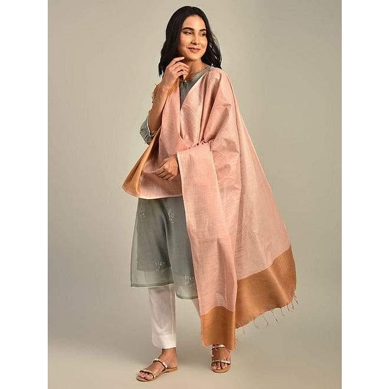 Beige Brown Linen Dupatta - Charkha TalesBeige Brown Linen Dupatta