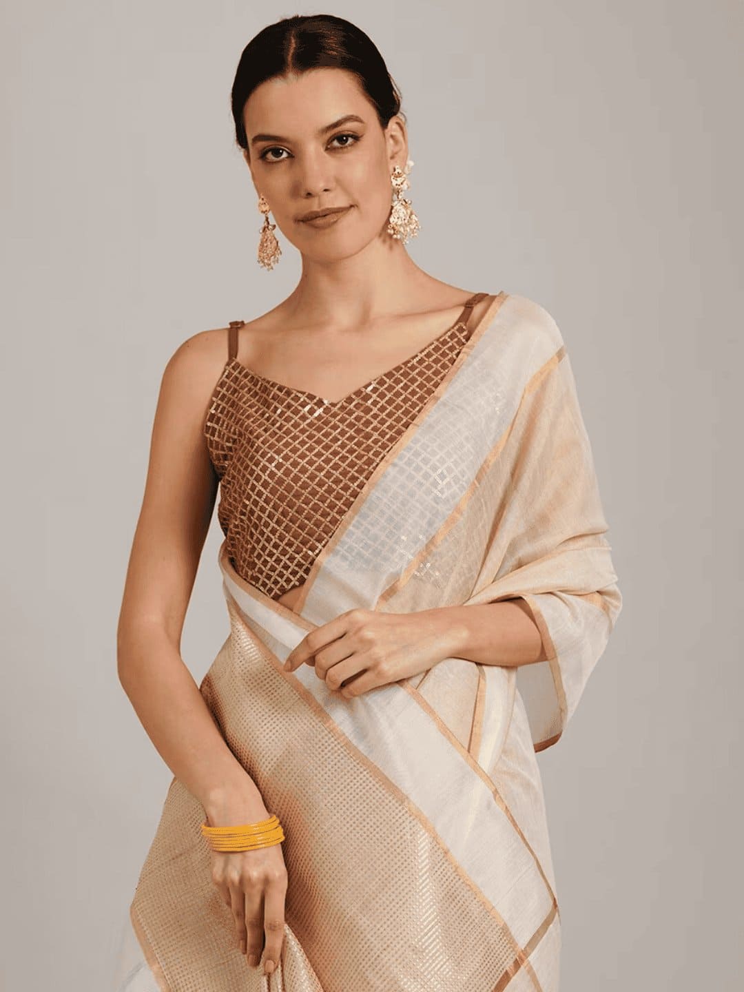 Beige Brown Silk Chanderi Saree - Charkha TalesBeige Brown Silk Chanderi Saree