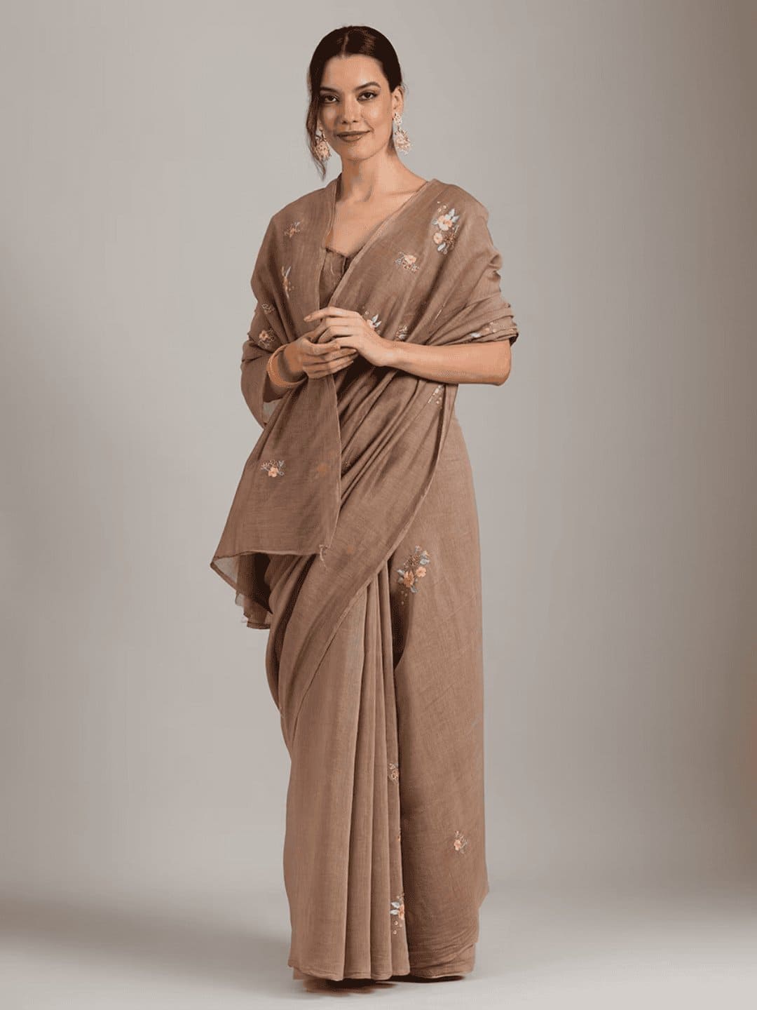 Beige Brown Silk Chanderi Saree - Charkha TalesBeige Brown Silk Chanderi Saree