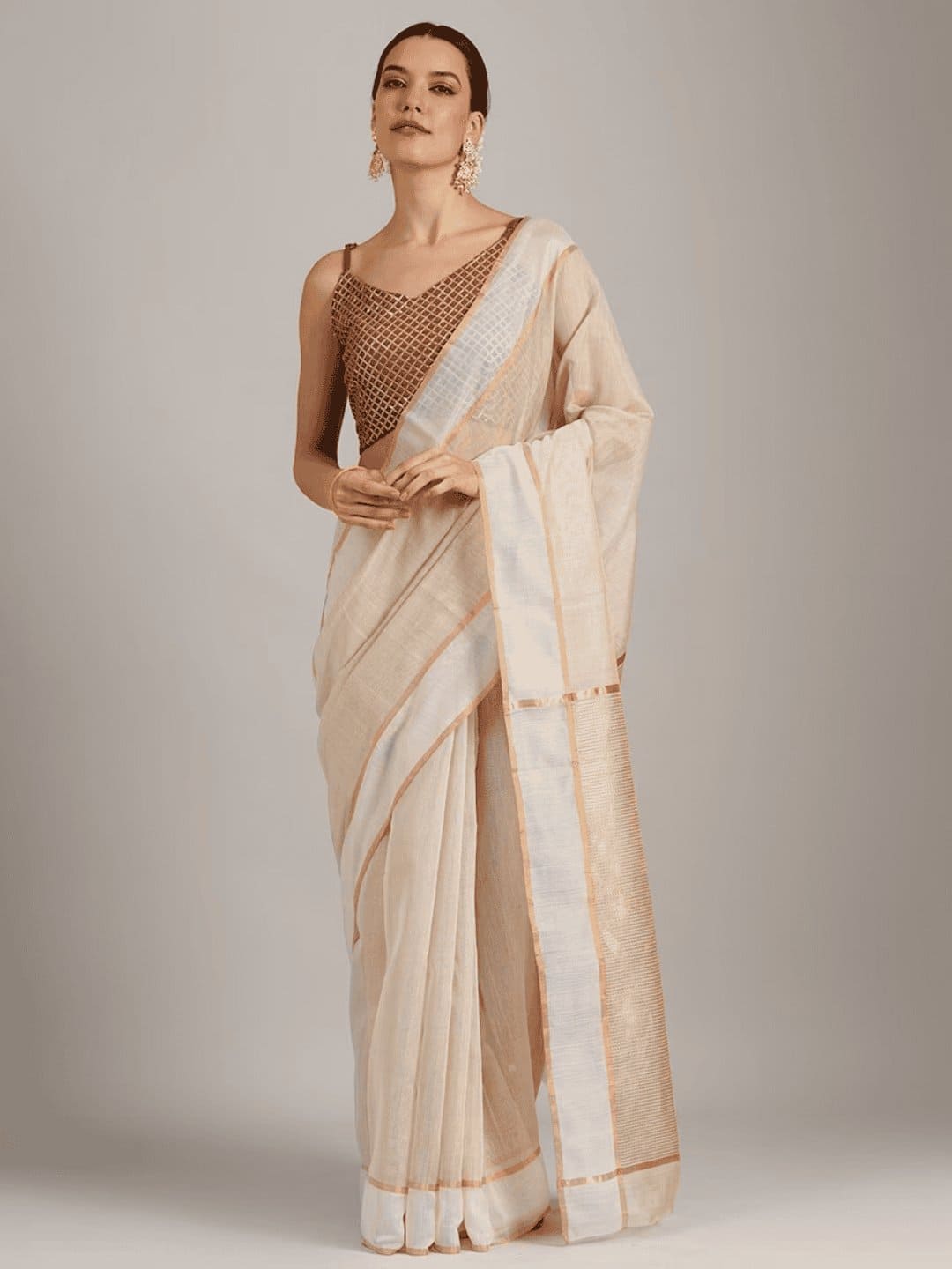 Beige Brown Silk Chanderi Saree - Charkha TalesBeige Brown Silk Chanderi Saree