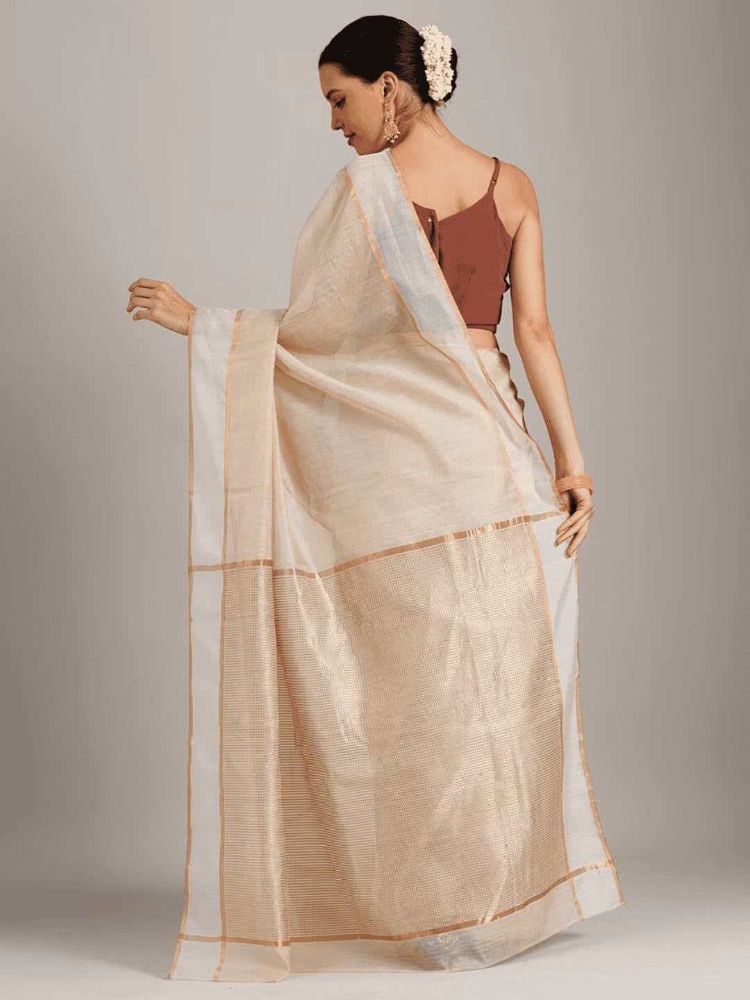 Beige Brown Silk Chanderi Saree - Charkha TalesBeige Brown Silk Chanderi Saree