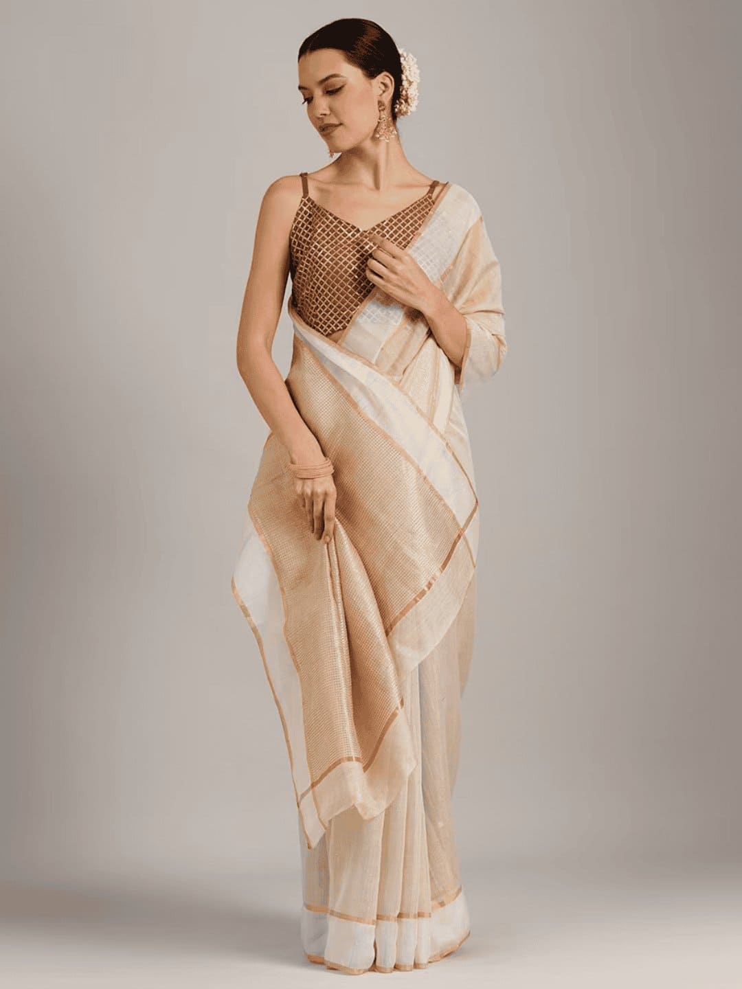 Beige Brown Silk Chanderi Saree - Charkha TalesBeige Brown Silk Chanderi Saree