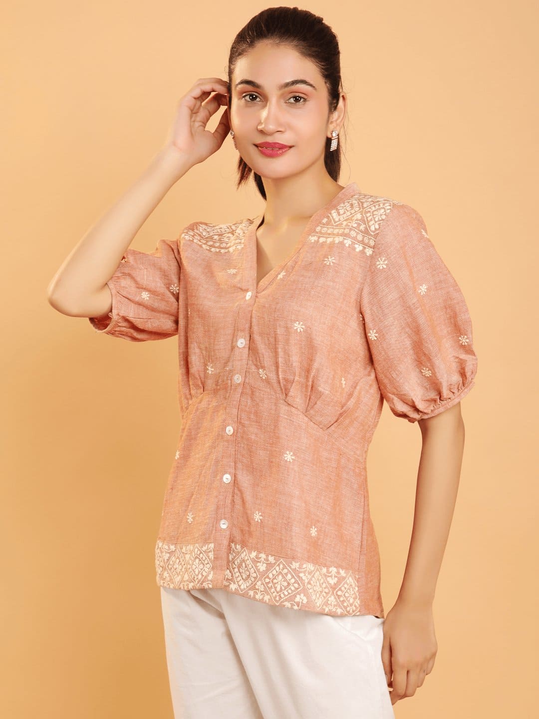 Beige Chikankari Khadi Top Set - Charkha TalesBeige Chikankari Khadi Top Set