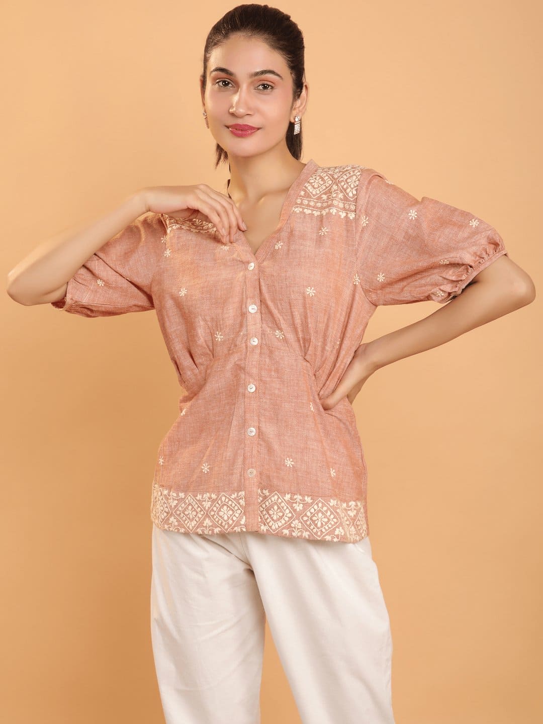 Beige Chikankari Khadi Top Set - Charkha TalesBeige Chikankari Khadi Top Set