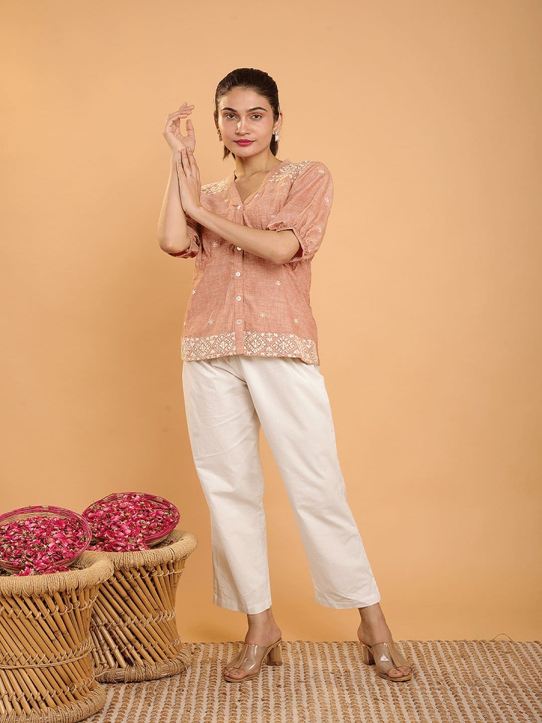 Beige Chikankari Khadi Top Set - Charkha TalesBeige Chikankari Khadi Top Set