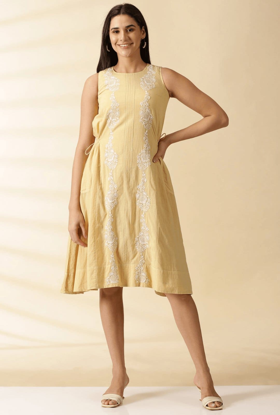 Beige Cotton Chikankari Dress - Charkha TalesBeige Cotton Chikankari Dress for women