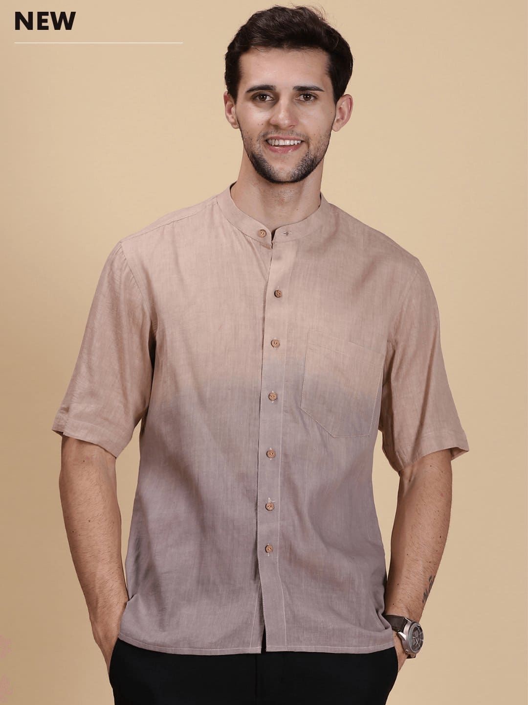 Beige-Grey Ombre Slub Shirt - Charkha TalesBeige-Grey Ombre Slub Shirt