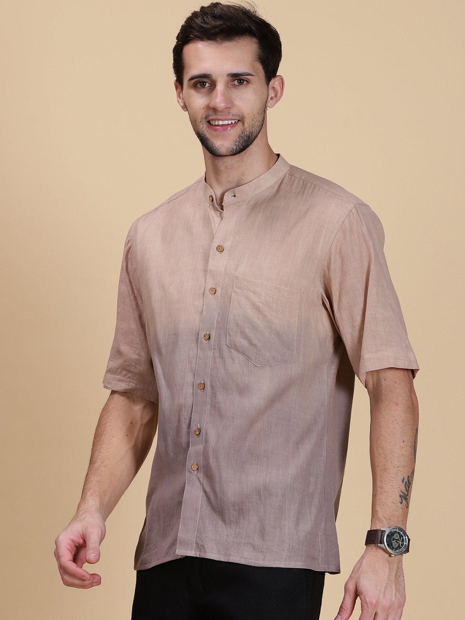 Beige-Grey Ombre Slub Shirt - Charkha TalesBeige-Grey Ombre Slub Shirt