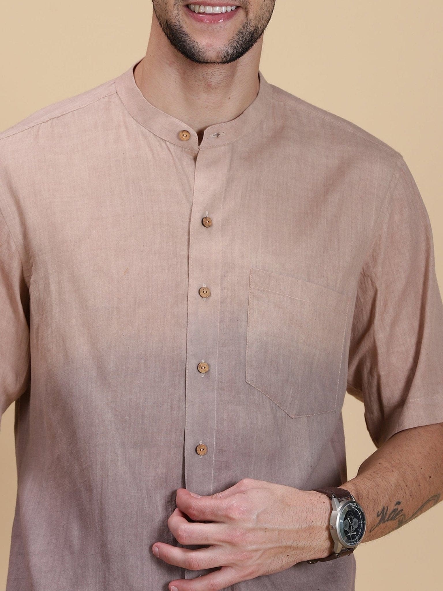 Beige-Grey Ombre Slub Shirt - Charkha TalesBeige-Grey Ombre Slub Shirt