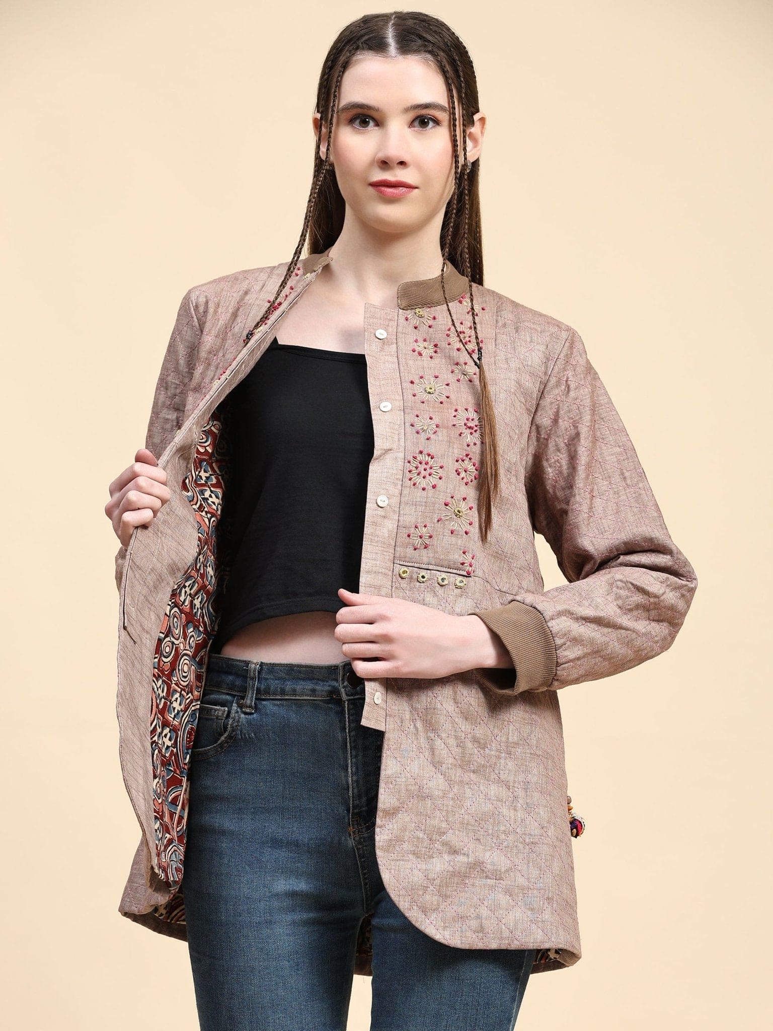 Beige Khadi Cotton Kantha Work Jacket - Charkha TalesBeige Khadi Cotton Kantha Work Jacket