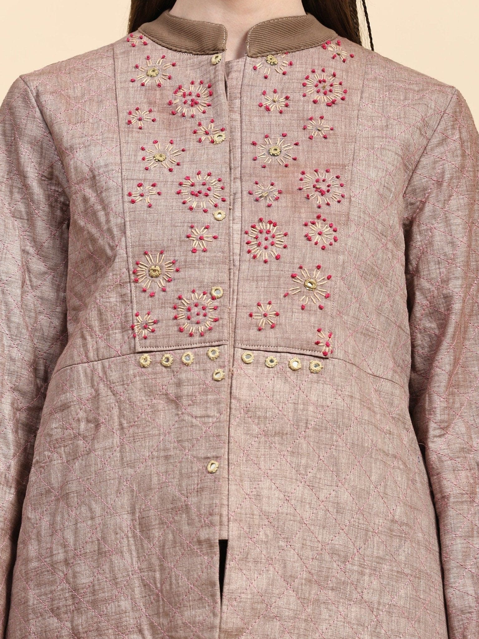 Beige Khadi Cotton Kantha Work Jacket - Charkha TalesBeige Khadi Cotton Kantha Work Jacket