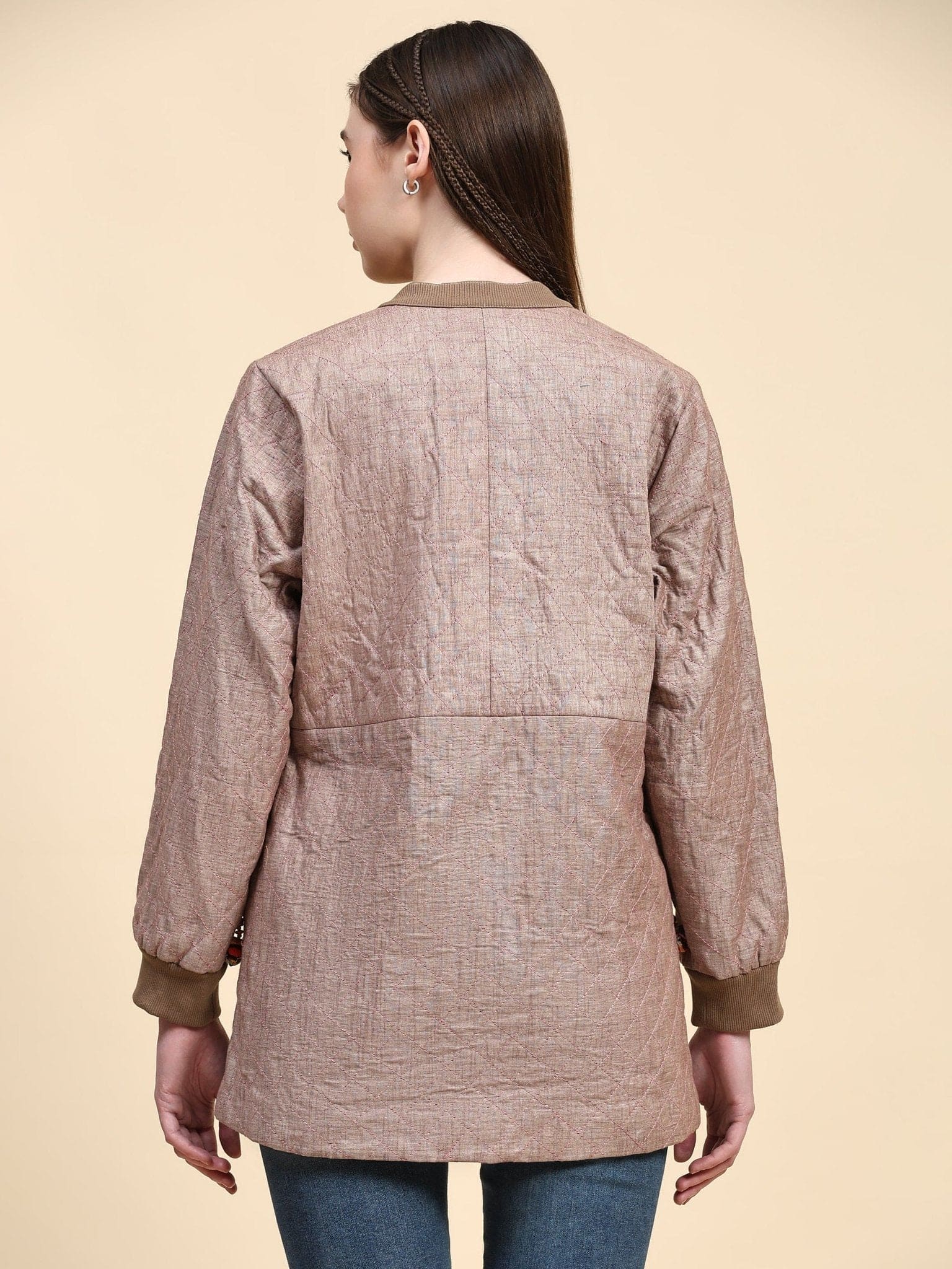 Beige Khadi Cotton Kantha Work Jacket - Charkha TalesBeige Khadi Cotton Kantha Work Jacket
