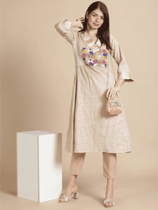 Linen Floral Beads Work Kurta Set - Beige