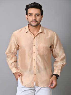 Beige Pure Silk Men Bandhej Shirt - Charkha TalesBeige Pure Silk Men Bandhej Shirt