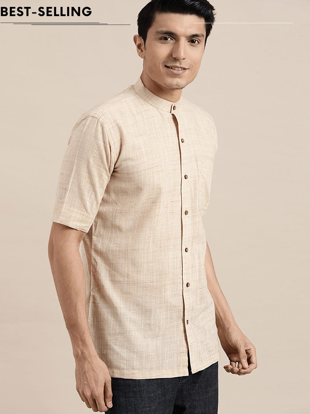 Beige Textured Mandarin Men Shirt - Charkha TalesBeige Textured Mandarin Men Shirt