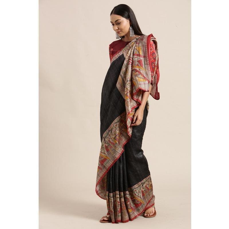 Black and Red Madhubani Ghicha Silk Saree - Charkha TalesBlack and Red Madhubani Ghicha Silk Saree