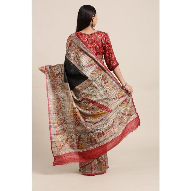 Black and Red Madhubani Ghicha Silk Saree - Charkha TalesBlack and Red Madhubani Ghicha Silk Saree