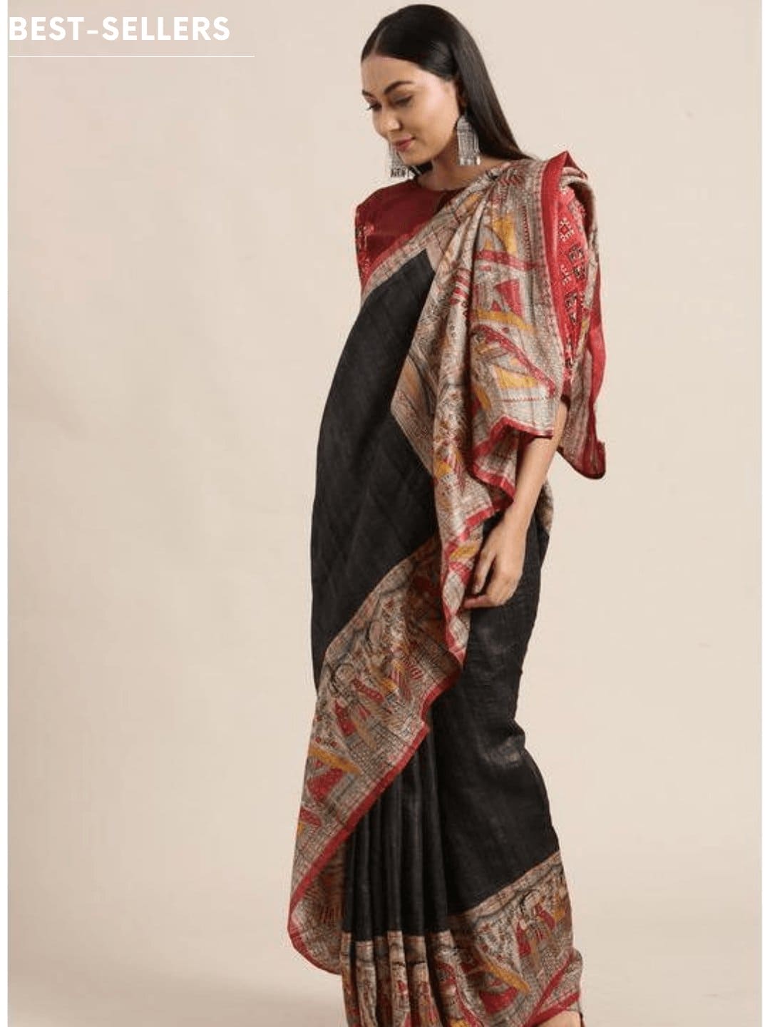 Black and Red Madhubani Ghicha Silk Saree - Charkha TalesBlack and Red Madhubani Ghicha Silk Saree