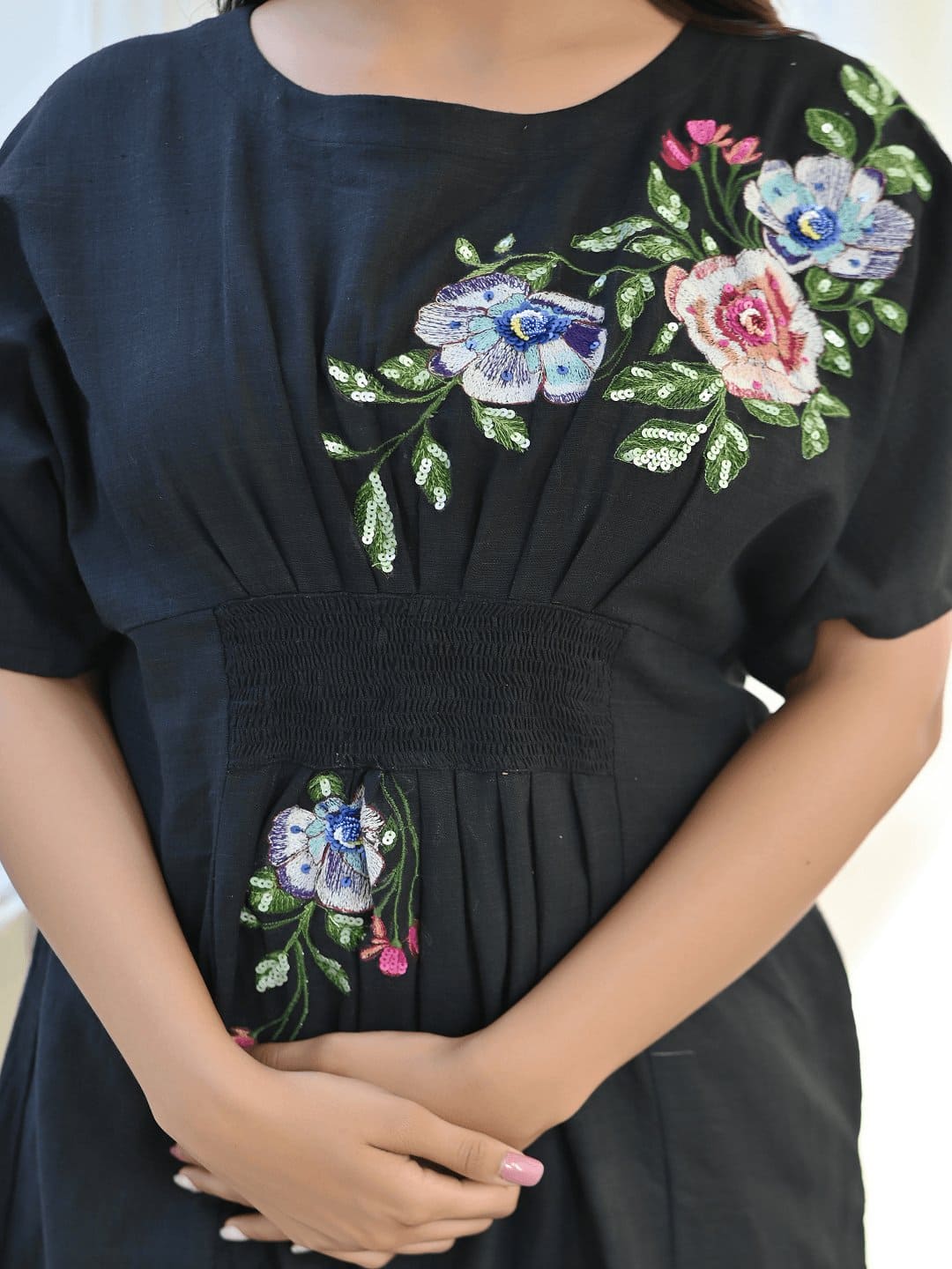 Black Bold Flower &amp; Sequin Kaftaan Dress - Charkha TalesBlack Bold Flower &amp; Sequin Kaftaan Dress for women