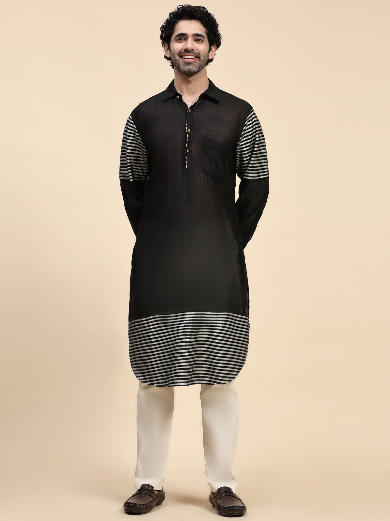 Black Chanderi Silk Men Kurta Set - Charkha TalesBlack Chanderi Silk Men Kurta Set