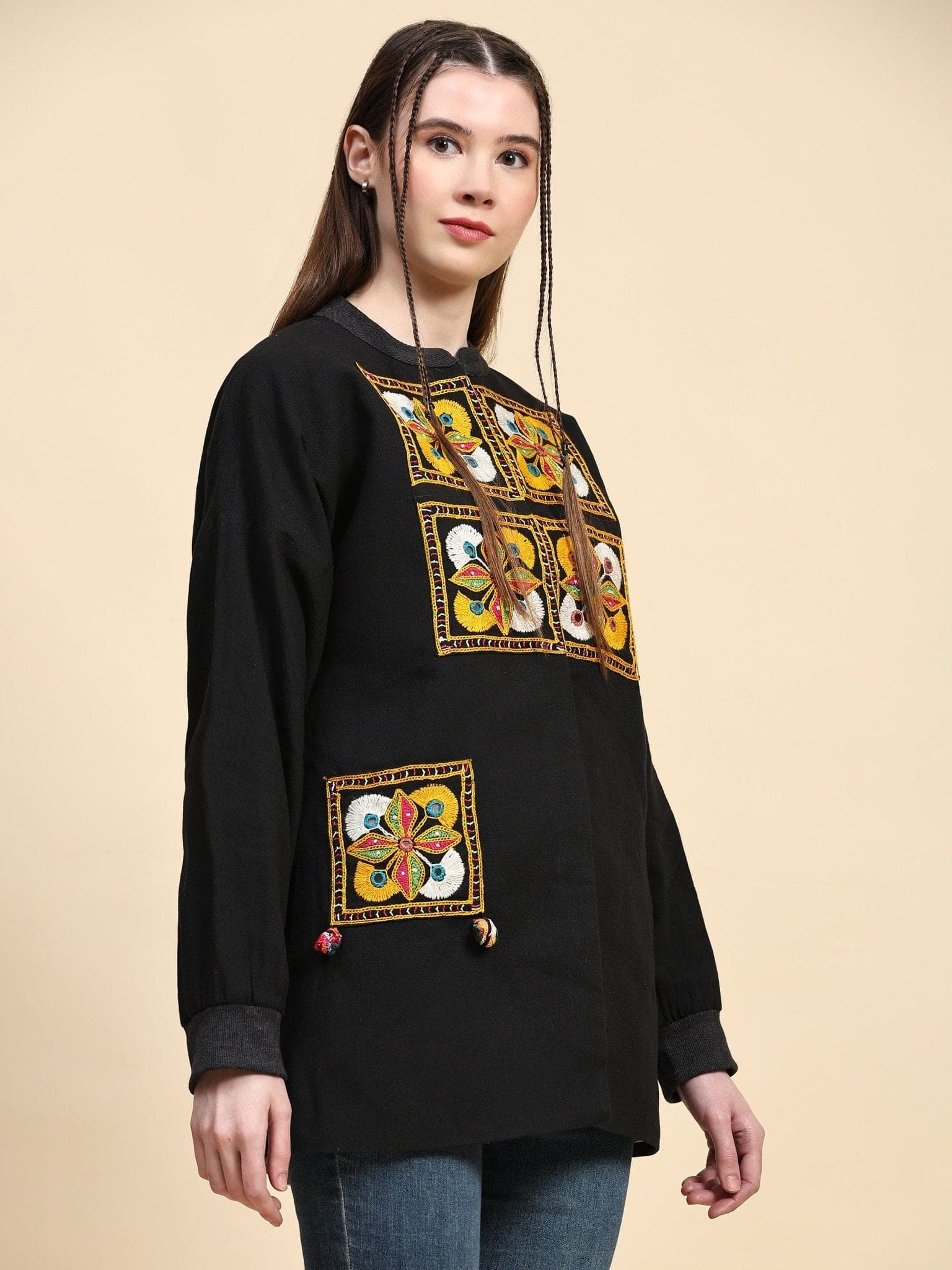 Black Cotton Khadi Embroidered Jacket - Charkha TalesBlack Cotton Khadi Embroidered Jacket