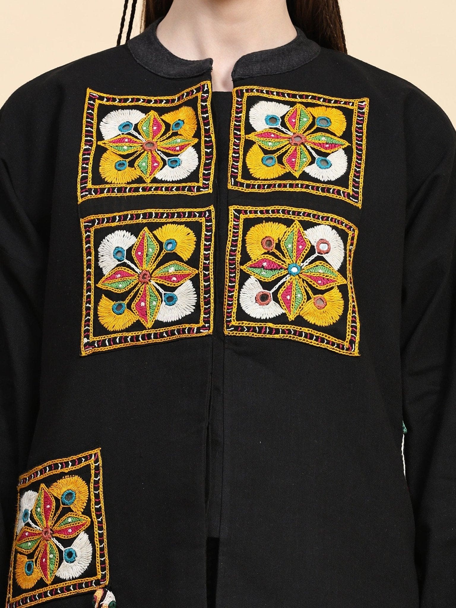 Black Cotton Khadi Embroidered Jacket - Charkha TalesBlack Cotton Khadi Embroidered Jacket