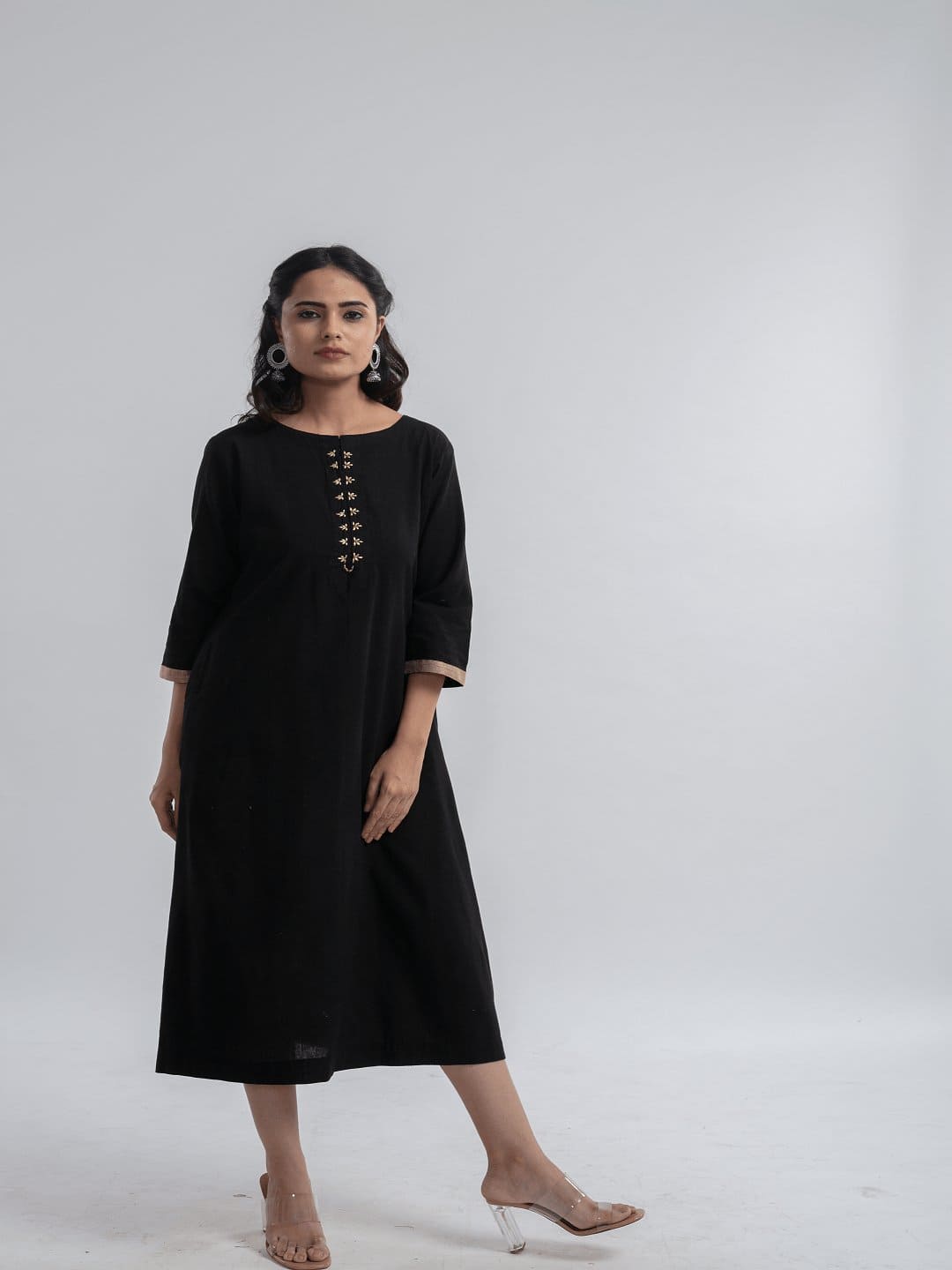 Black Embroidered Cotton Dress - Charkha TalesBlack Embroidered Cotton Dress for women