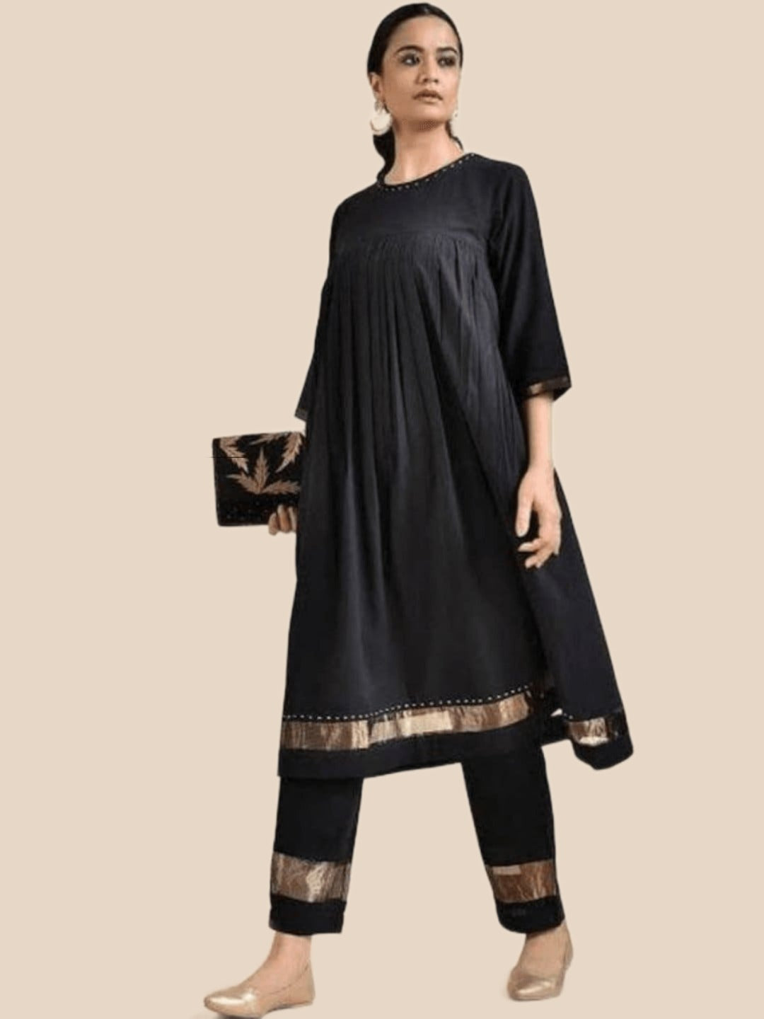 Black Gold Cotton Kurta Set - Charkha TalesBlack Gold Cotton Kurta Set