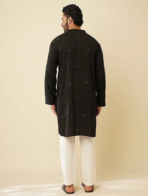 Black Kantha Khadi Kurta - Charkha TalesBlack Kantha Khadi Kurta