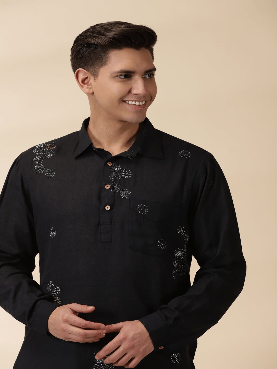 Black Kantha Short Kurta - Charkha TalesBlack Kantha Short Kurta