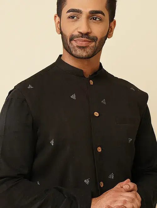 Black Khadi Kantha Jacket - Charkha TalesBlack Khadi Kantha Jacket
