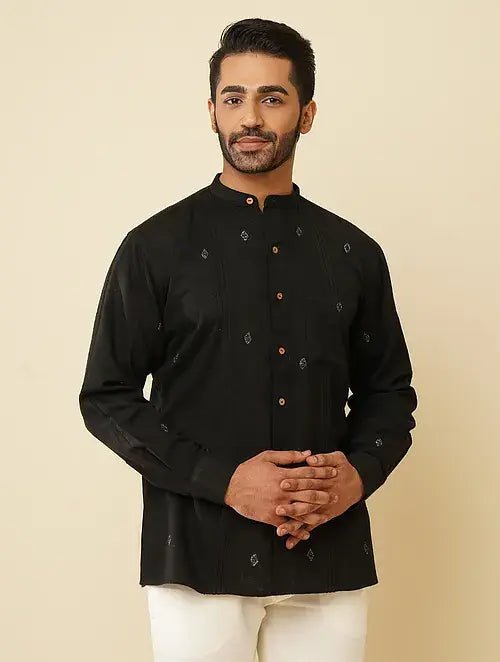 Black Khadi Kantha Mandarin Shirt - Charkha TalesBlack Khadi Kantha Mandarin Shirt