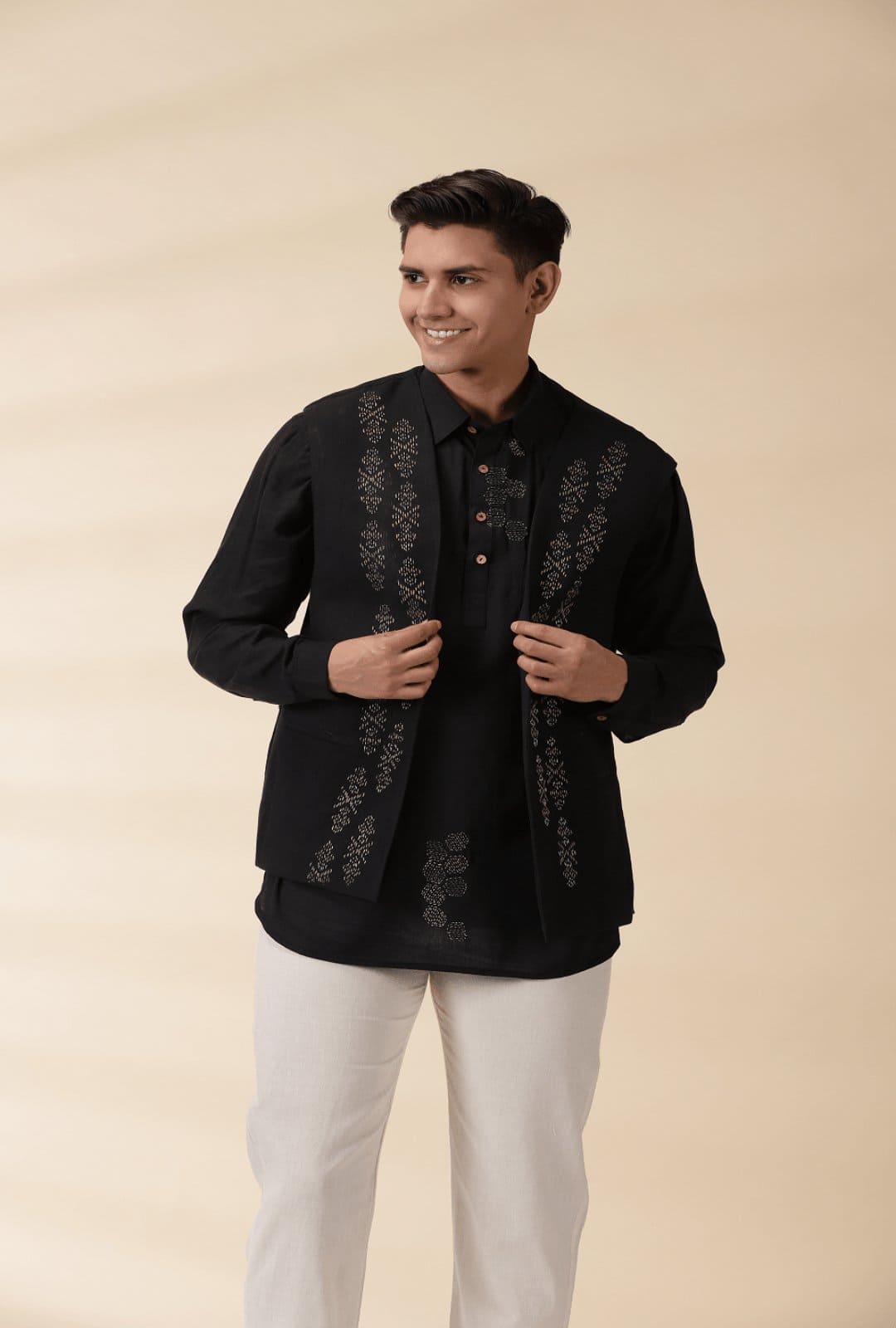 Black Khadi Men Jacket - Charkha TalesBlack Khadi Men Jacket