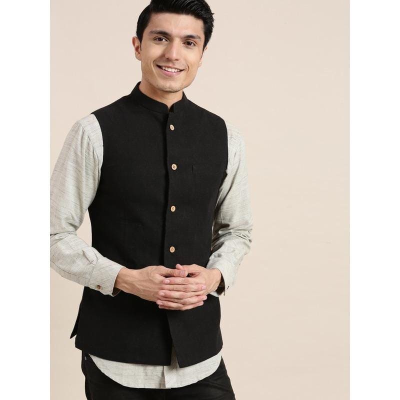 Black Men Nehru Jacket - Charkha TalesBlack Men Nehru Jacket