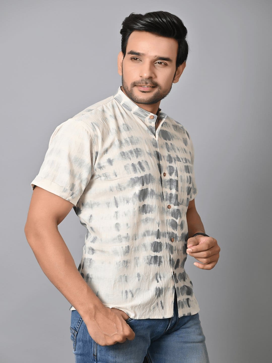 Black & White Tie Dye Men Shirt - Charkha TalesBlack & White Tie Dye Men Shirt