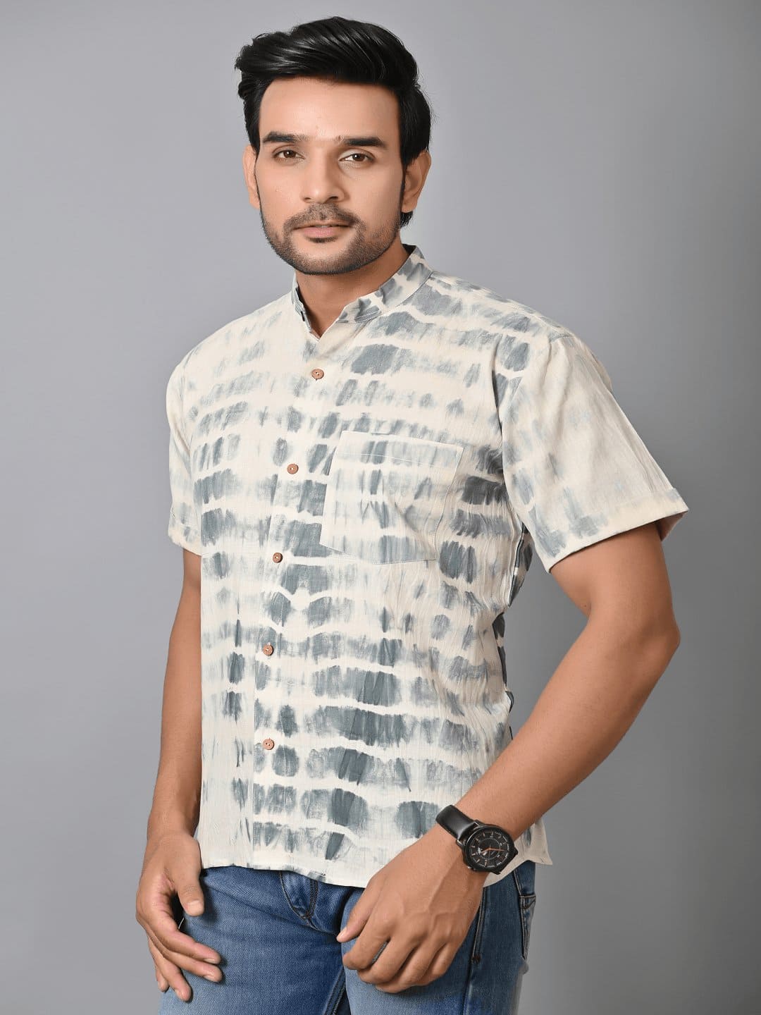 Black & White Tie Dye Men Shirt - Charkha TalesBlack & White Tie Dye Men Shirt