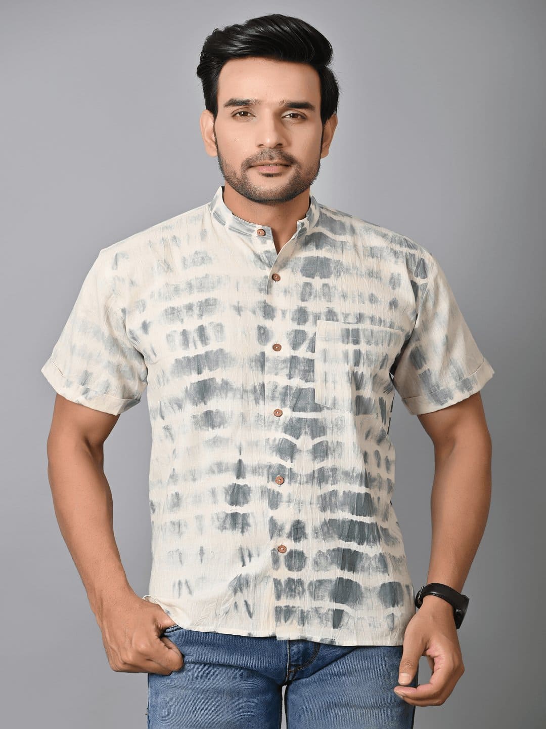 Black & White Tie Dye Men Shirt - Charkha TalesBlack & White Tie Dye Men Shirt