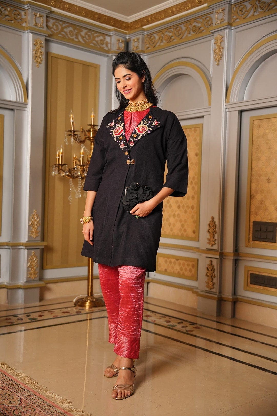 Black Wollen Coat Parsi Embroidered Jacket - Charkha TalesBlack Wollen Coat Parsi Embroidered Jacket