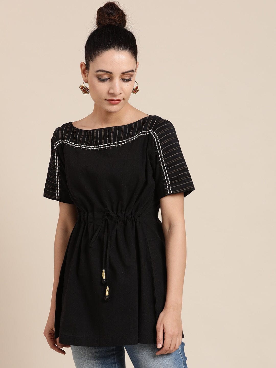 Black Zari Drop Shoulder Top - Charkha TalesBlack Zari Drop Shoulder Top