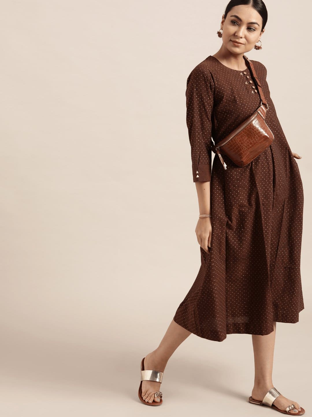 brown block print dress Matta Tan Block Printed Dress with Orange Hearts