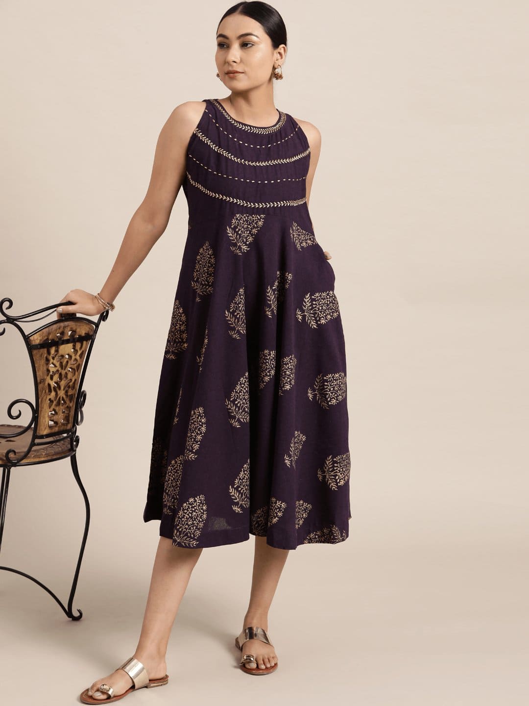 Purple Block Print Cotton Dress for Women