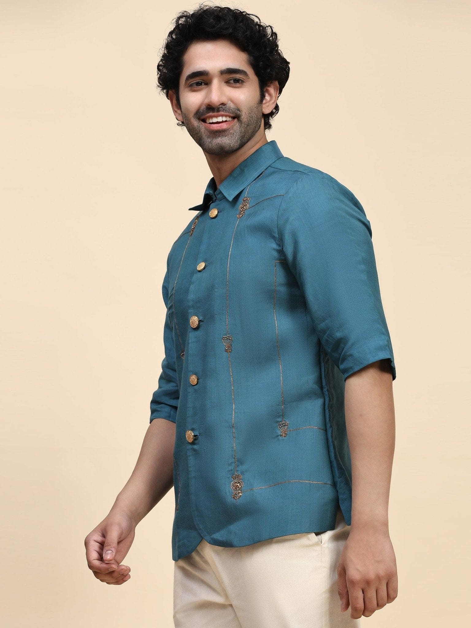 Blue Aari Zardozi Katan Silk Jacket - Charkha TalesBlue Aari Zardozi Katan Silk Jacket