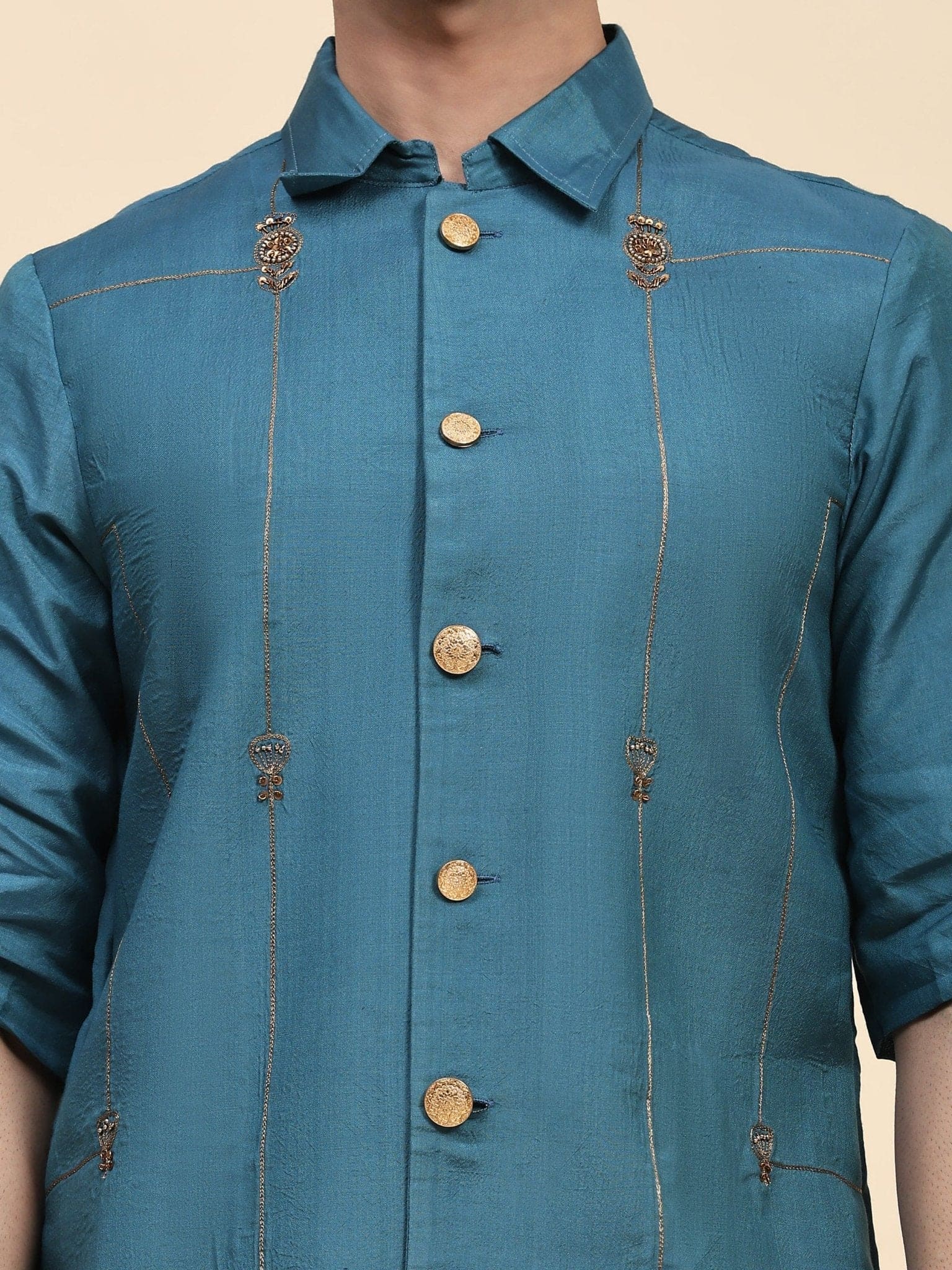 Blue Aari Zardozi Katan Silk Jacket - Charkha TalesBlue Aari Zardozi Katan Silk Jacket