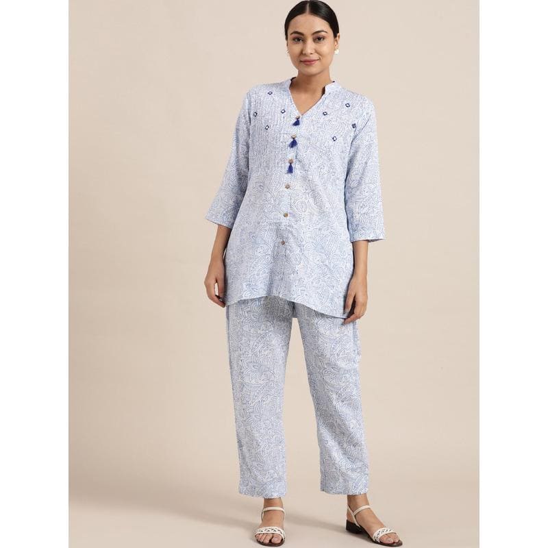 Blue Block Print Cotton Co-ord Set - Charkha TalesBlue Block Print Cotton Co-ord Set