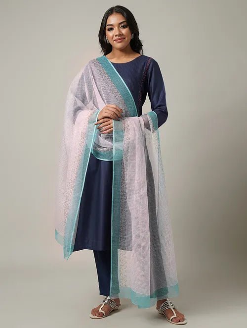 Blue Block Printed Kota Dupatta - Charkha TalesBlue Block Printed Kota Dupatta
