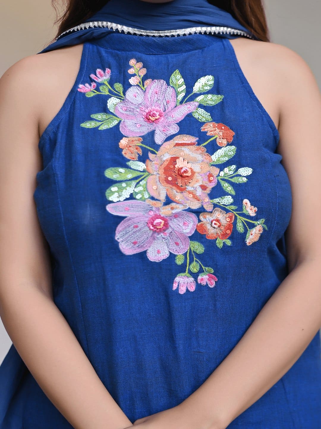Blue Bold Bloom Embroidered Kurta Set - Charkha TalesBlue Bold Bloom Embroidered Kurta Set